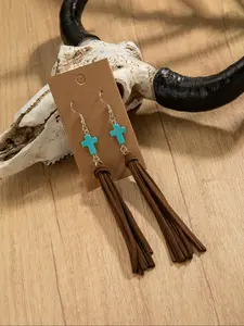 Boho Style Turquoise Texture Dangle Earrings, Vintage Tassel Fringe Design Dangle Earrings, Fashion Jewelry Accessories for Women & Men