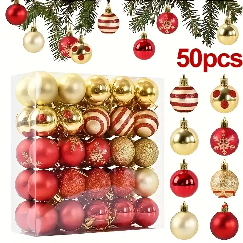 50 Christmas ball decoration, 4CM Christmas tree decoration pendant, Ornaments, Christmas decorations, hand-painted snowflakes, circles and dots, durable plastic, suitable for Christmas wreaths, Christmas trees, indoor, outdoor