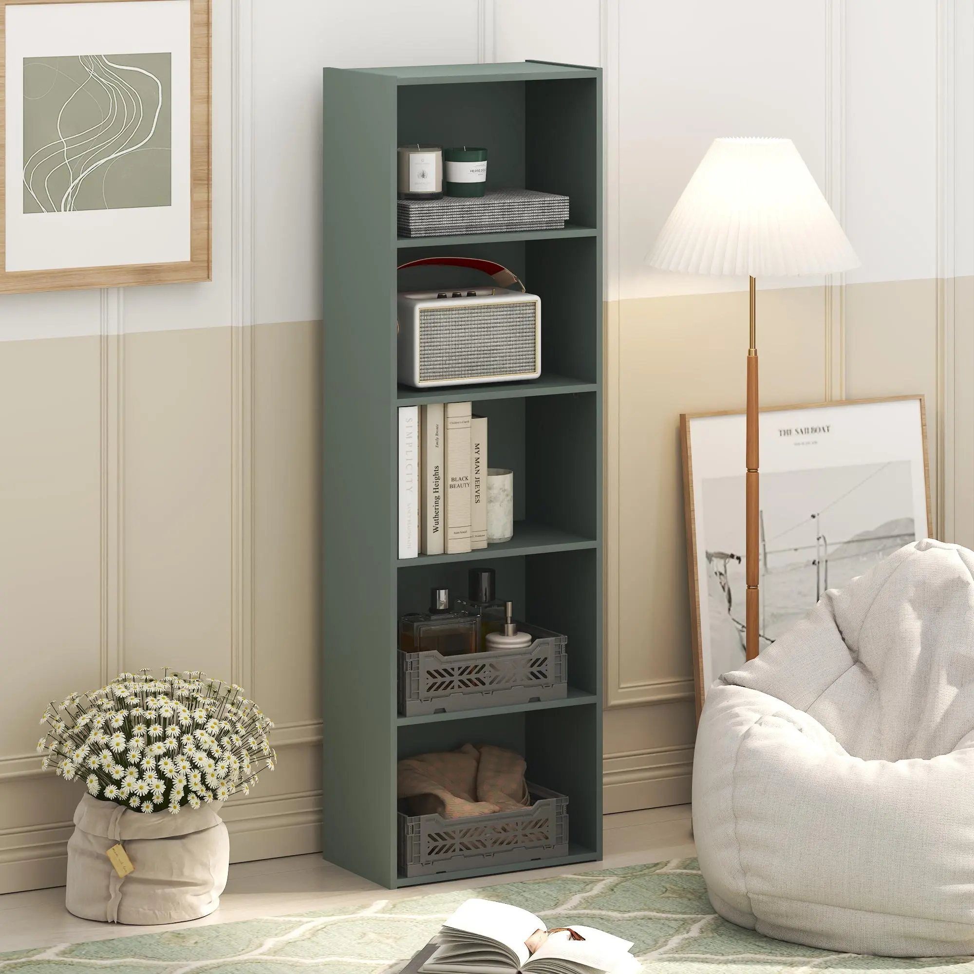 LUDER 5-Cube Open Shelf Bookshelf Book Rack, 9.4x15.8x52 in Modern Corner Unit, for Living Room, Home Office, Sage Green Indoor Furniture, Modern Corner Bookshelf