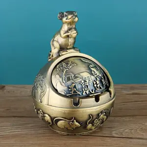 1pc Vintage Zodiac Metal Ashtray with Lid, Elegant Animal Carving Decorative Anti-Splash Ash Storage, Round Shape for Home Office Use, Ideal Christmas Thanksgiving Gift