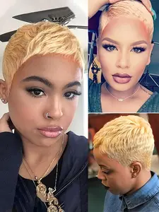 Pixie Cut Wig for Women Curly Wave Wig Halloween Wig Full Machine Made Human Hair Wavy Wig 150% Density 6 Inch