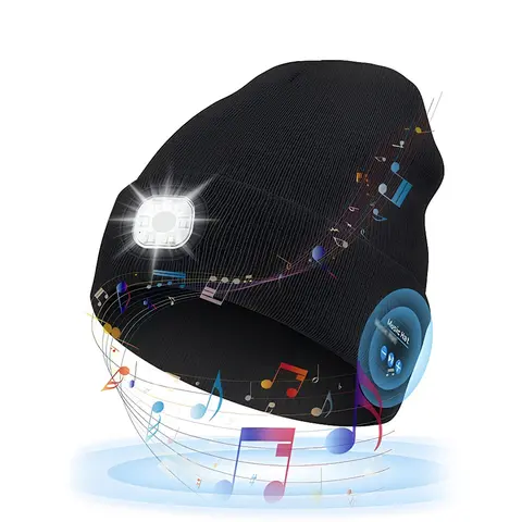 Bluetooth Beanie with LED Light USB Rechargeable Bluetooth Hat Wireless Musical Knitted Cap with Stereo Headphone for Running Hiking Jogging for Men Women