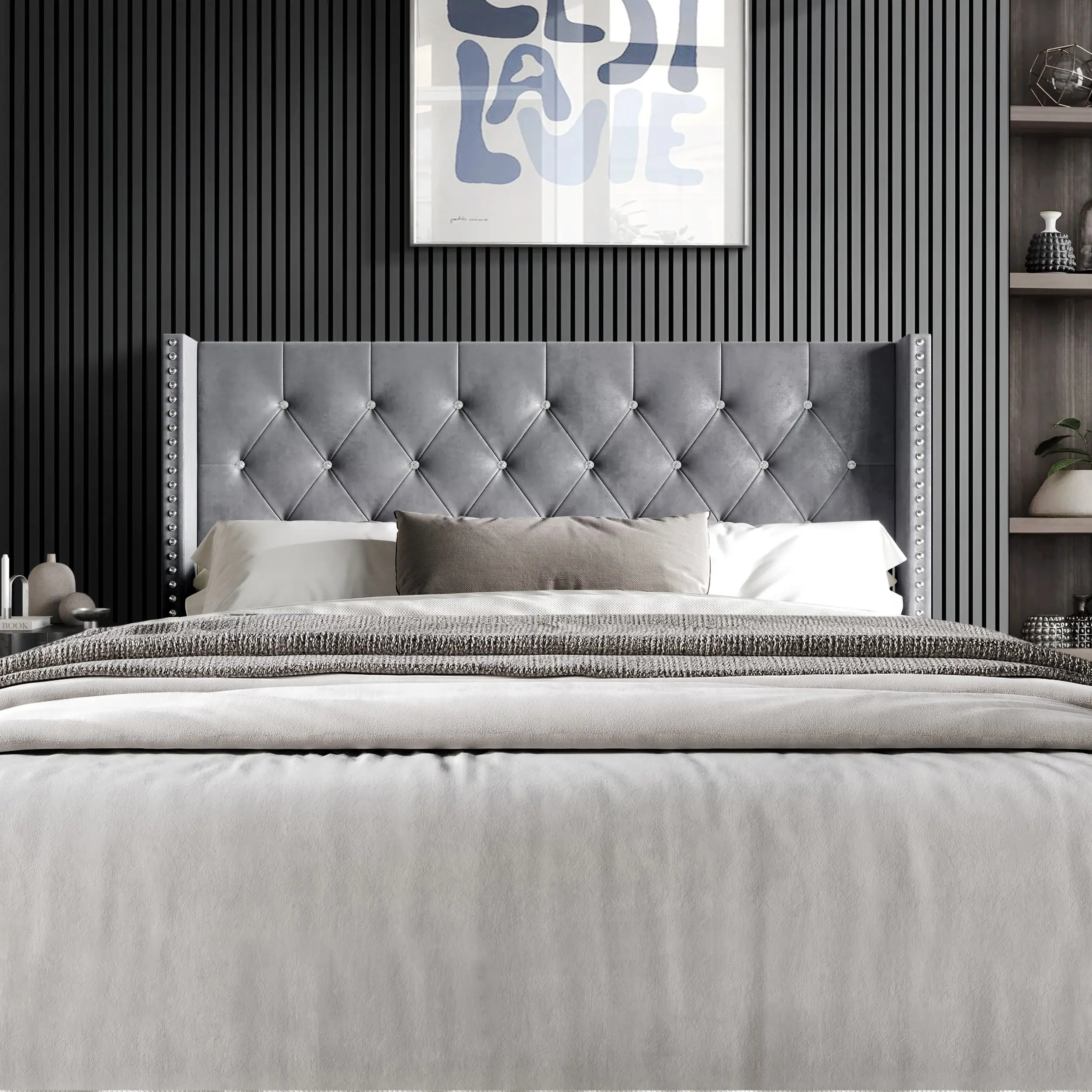 Favorer Gretna Tufted Upholstered Headboard for Bed, Classic Modern Nailhead Headboard with Nail Head Trimming Detail for Bedroom Bedding Decor