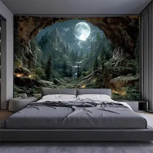 1PC,2D Flat Cross - border E - commerce Tapestry, Dreamy Cave with Moonlit Night, Forest & Waterfall Scene, Create Immersive Bedroom Decoration, Add Mysterious Natural Atmosphere to Bedhead, Li