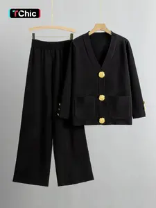 Women's Versatile V-Neck Gold-Toned Button Side Pocket Cardigan & High Waist Wide Leg Trousers Co-ord