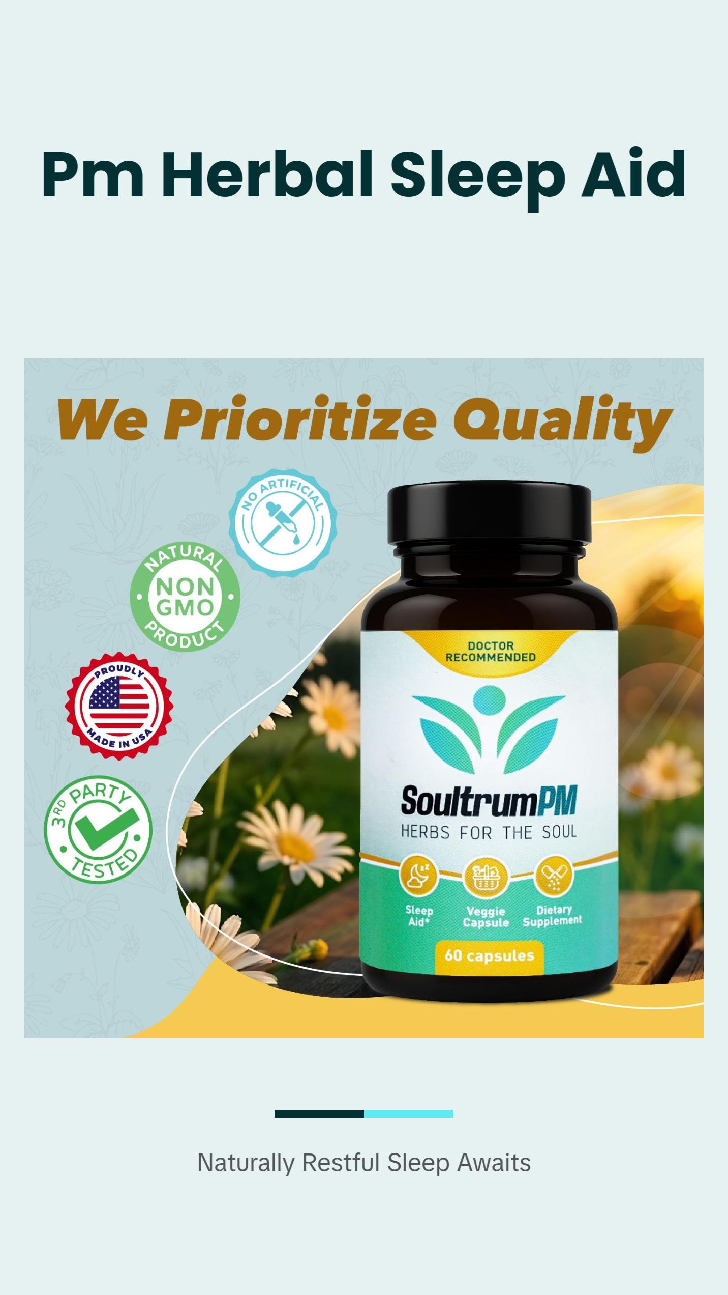 Soultrum PM – Natural Sleep Aid - Nighttime Sleeping Supplement with Melatonin 3mg, L Theanine 200mg, Vitamin B6 5mg,  Glycinate 11mg, Ashwagandha, Chamomile, Valerian Root, Passionflower & Magnesium Glycinate. Dietary Muscle Capsule