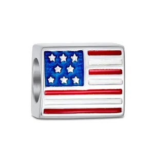 .925 Sterling Silver Red White Blue Stripe American USA Patriotic Flag Star Charm Bead for Bracelet