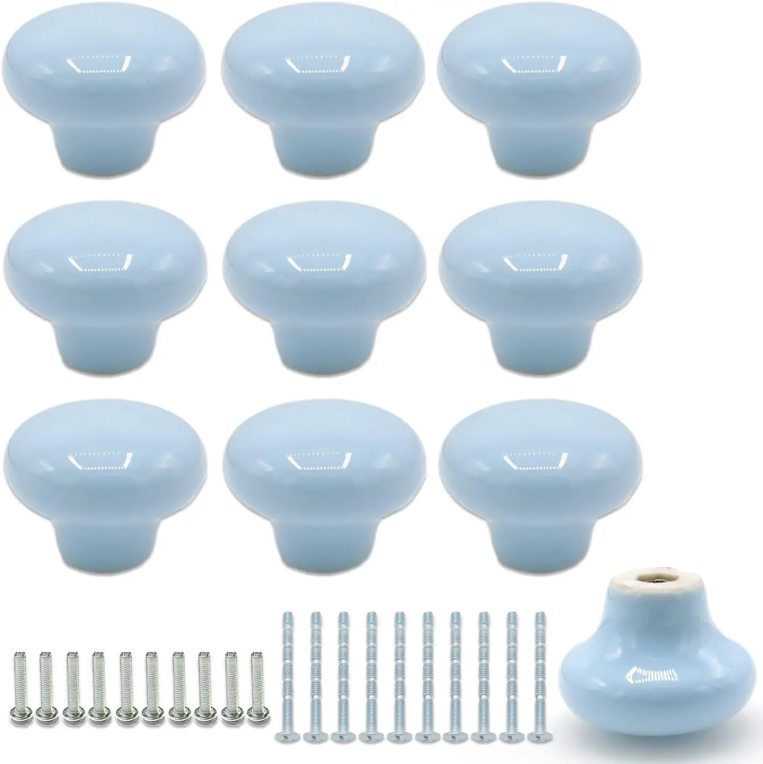 10Pack Ceramic Cabinet Knobs, 1.26Inch/32mm Sky Blue Round Drawer Dresr Knob Pulls Handle with Screws, for Kitchen Cupboards, Wardrobes, Children's Rooms, Bedroom Furniture & Office Desks