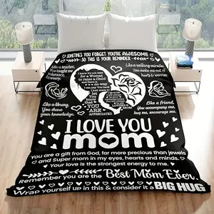 Ultra-Soft 60x80 in Flannel Throw Blanket, Black-White Heart-Shaped Slogan Print Skin Friendly Blanket, Wrinkle-Resistant, Hand Wash Only, All-Season Bedding, Cozy Lounging, Perfect Mom Gift for Birthday/Mother's Day