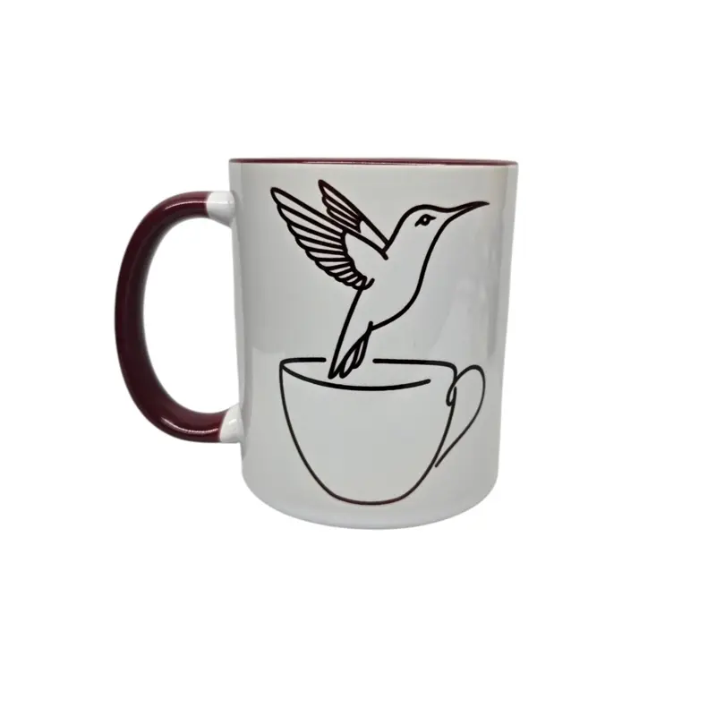 Hummingbird Mug 15 oz - White with Red Handle, Featuring a Hummingbird Design, Ideal for Coffee and Tea