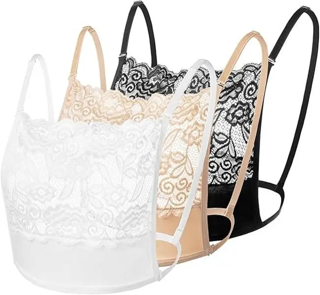Women's 3-Piece Lace Camisole Bra Insert Set - Solid, Breathable Spandex Layering Underwear Accessory, Modesty Panel Vest Overlay, Lightweight No Underwire Soft Stretch Lace Sheer Strappy Body Bralettes for Everyday Elegance, Lace Sheer Bralettes, No Unde