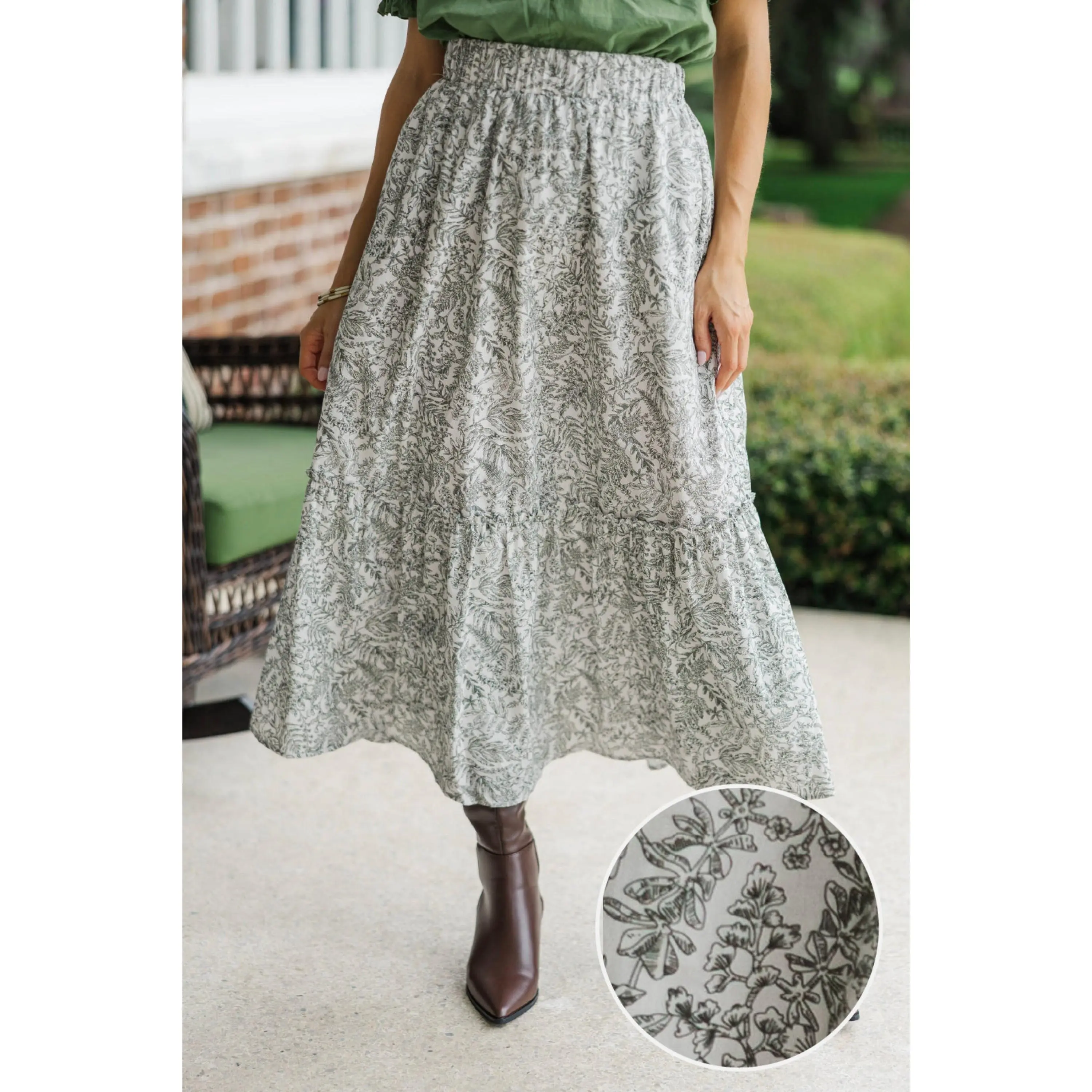 Evergreen Moments Olive Toile Midi Skirt
