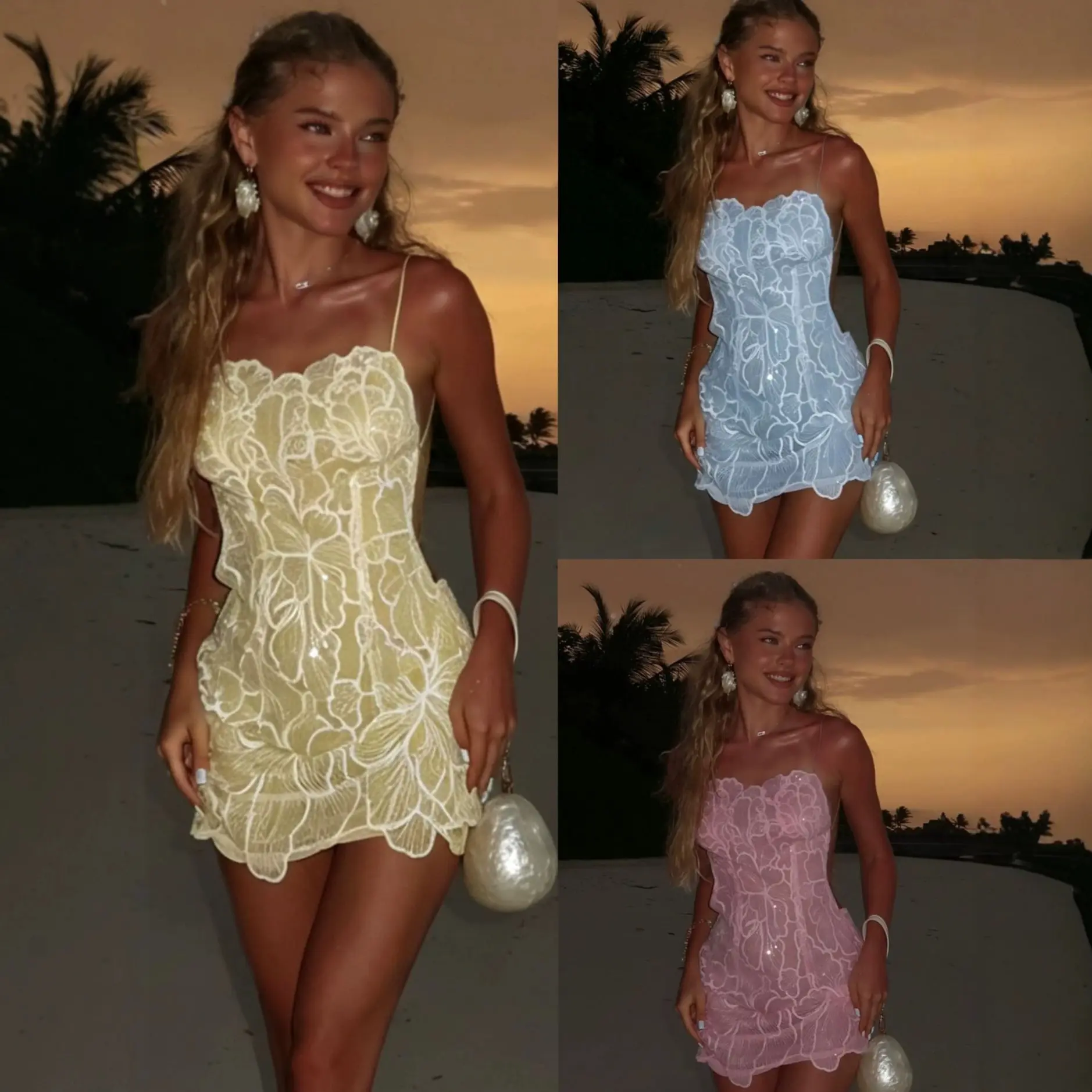 Women’s Sequin Embroidered Vacation Mini Dress, Floral Beaded Open Back Cami Dress, Cute Sleeveless Summer Party Dress for Beach Trips, Resort, Date Night and Going Out Looks S-XL