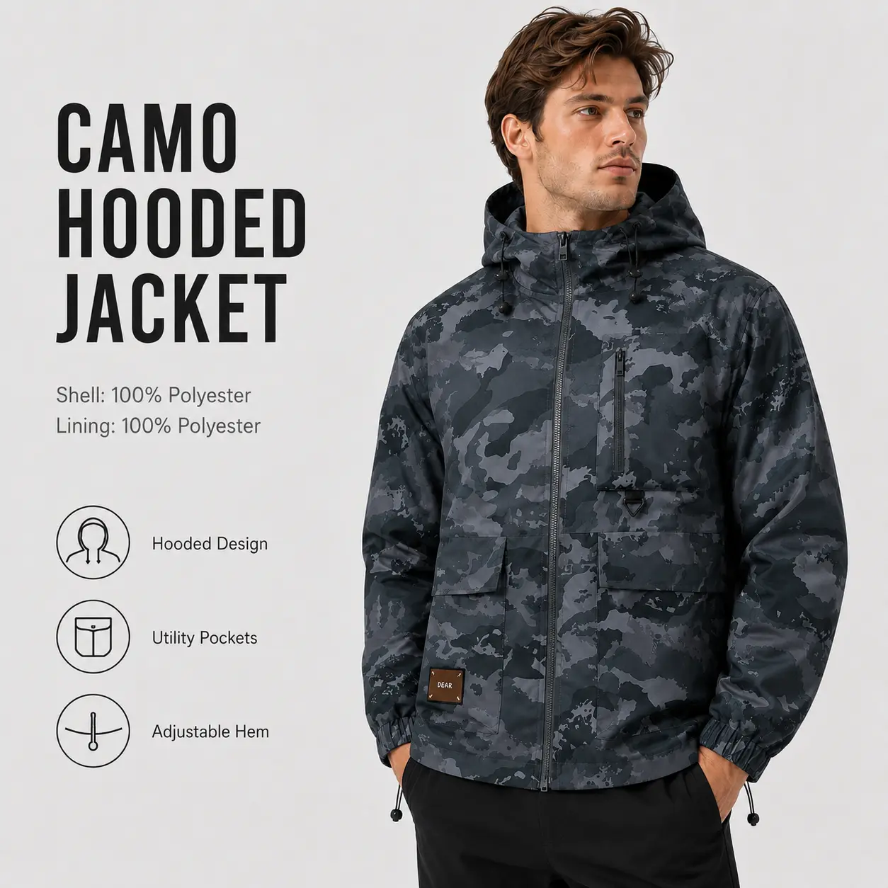 Men’s Camo Hooded Jacket Zip Up Outdoor Utility Jacket with Multi Pockets Adjustable Hood Casual Streetwear Coat for Hiking Travel Daily Wear
