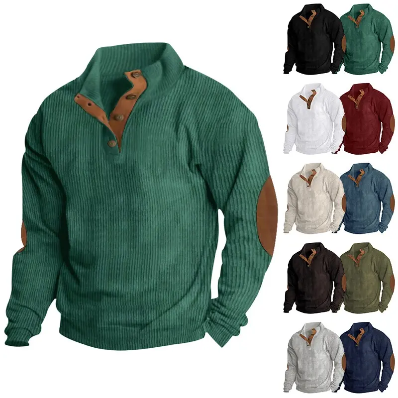 KZZ Men's Solid-Color Patchwork Corduroy Sweatshirt Regular Fit Casual Long-Sleeve Stand-Up Collar Fall Winter Style Fashionable Knitwear for Everyday Wear christmas gifts for him, Collared Men's Sweatshirts, Knitted Men's Sweatshirts