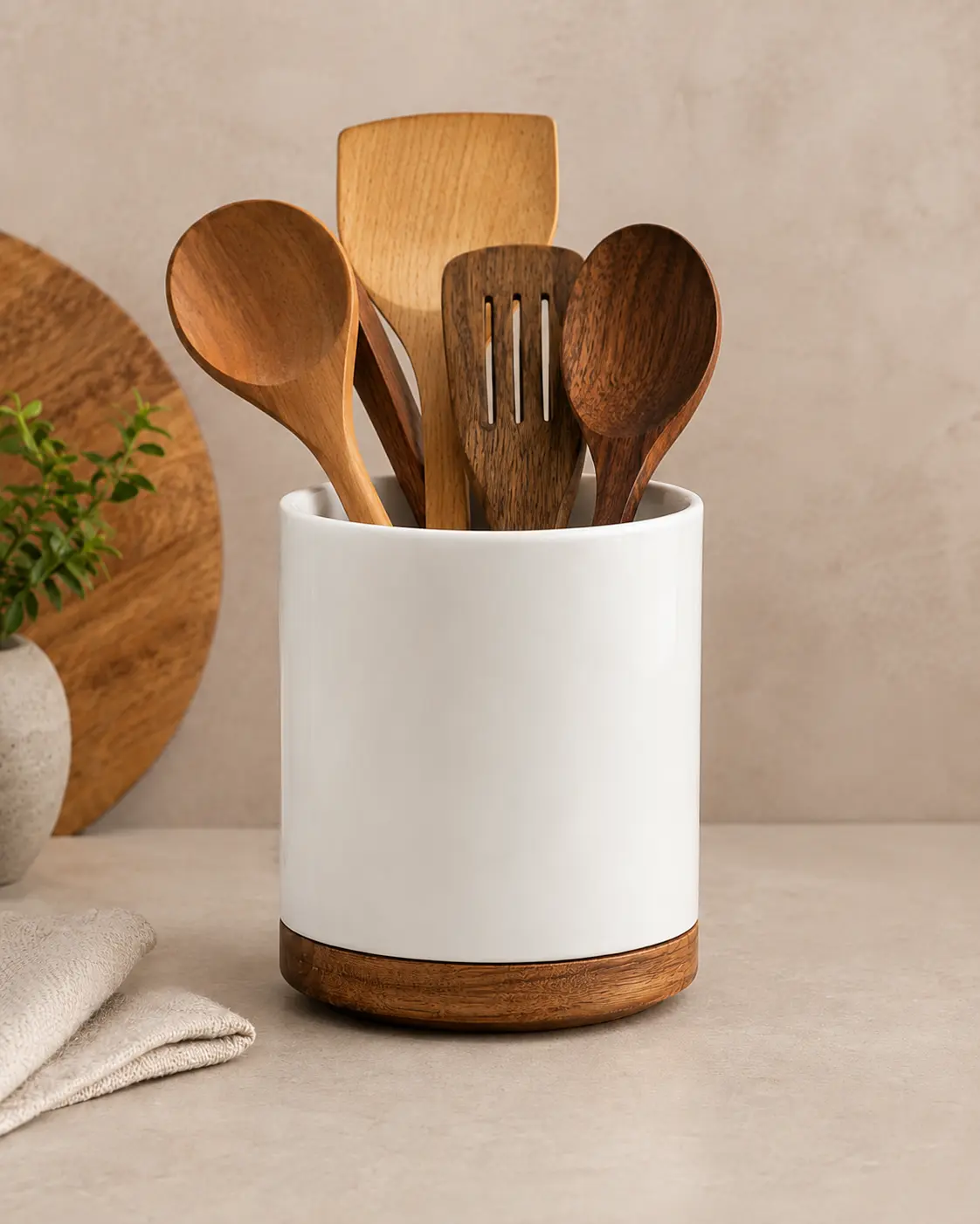 Ceramic Utensil Holder with Bamboo Base
