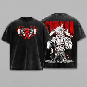 Ryomen Sukuna God Form Tee Washed – Sukuna Jujutsu Kaisen Vintage Oversized Heavy Cotton Double Printed Front & Back Anime Manga T-Shirt, Retro Unisex Streetwear Graphic Top, King of Curses Ascension Edition, JJK Anime Merch for Fans， cotton graphic tees
