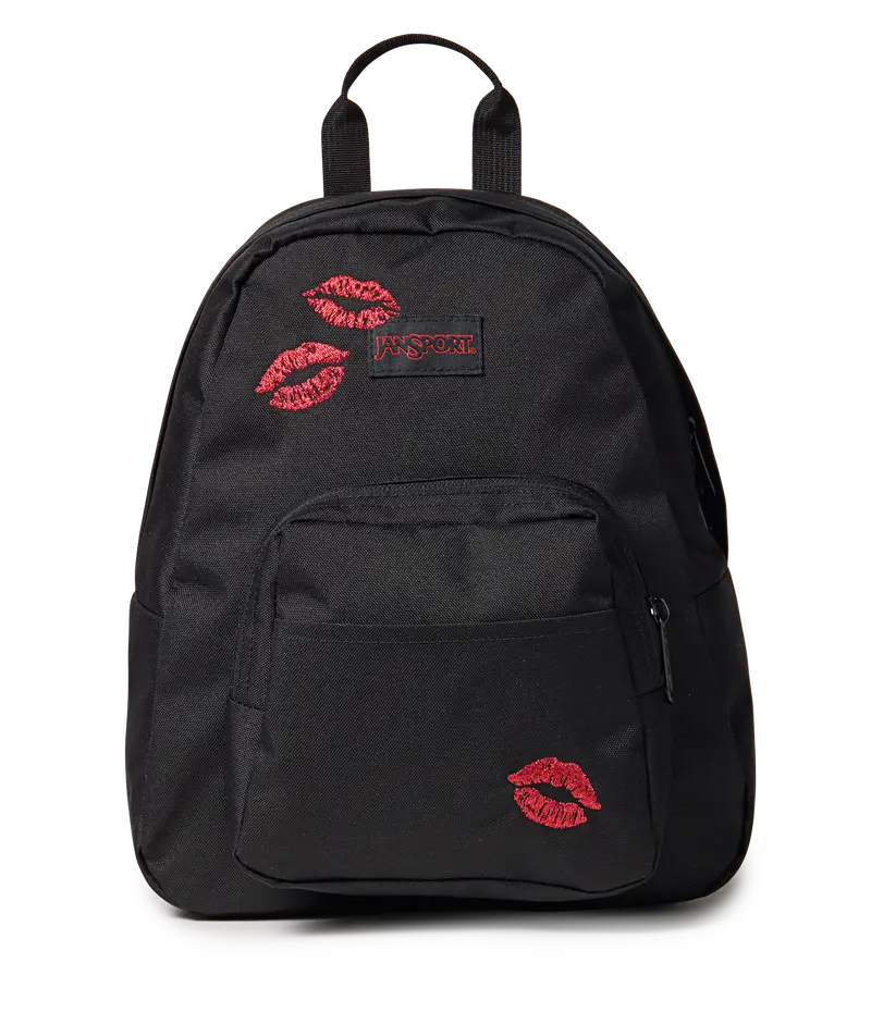 JanSport Half Pint Mini School Backpack, 10.2L, Recycled Nylon, Kisses Emb Black