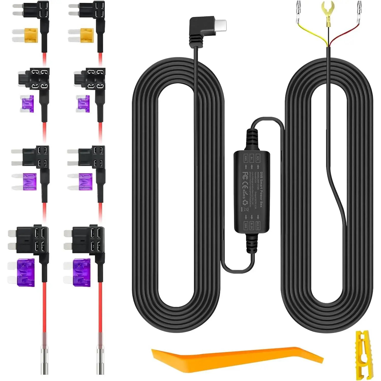 GYIOEUPT Hard-Wired Dashcam Installation Kit for Cars, 12V-24V Automotive Power Accessory with 24-Hour Parking Mode, Low Voltage Protection, USB-C Compatibility (5V 1A/3A), Hidden Wiring, DIY Install, 8 Fuse Taps & Pry Tool