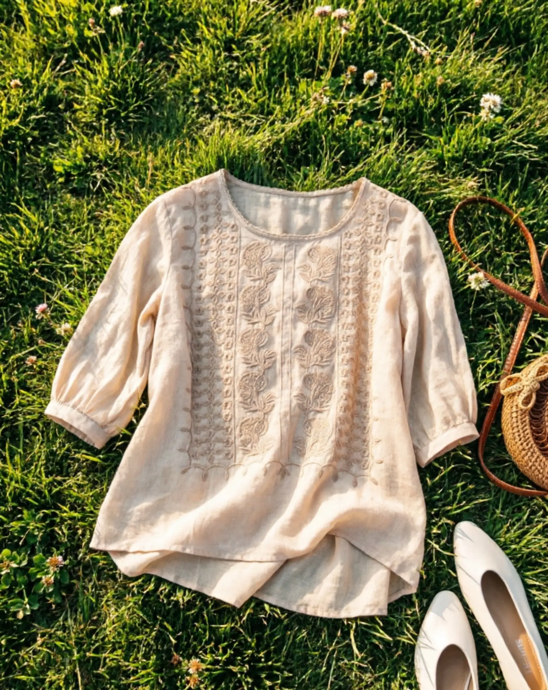 Women's Vintage Cotton-Linen Blend Casual Blouse - Lightweight Summer Top, Intricate Embroidery, Breathable, Loose Fit, Round Neck, Mid-Length Sleeves