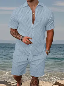 Men's 2-piece set, a short-sleeve button-up shirt paired with drawstring shorts, this summer outfit features a casual Tropical textured diagonal stripe pattern, perfect for beach getaways, vacations, casual outings, Clothes