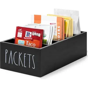 Seasoning Packet Organizer,  Packet Storage Organizer with 5 Compartments, Wooden  Packet Organizer,  Storage for Kitchen Pantry Cabinet, Modern Kitchen Organization Bins(Black)