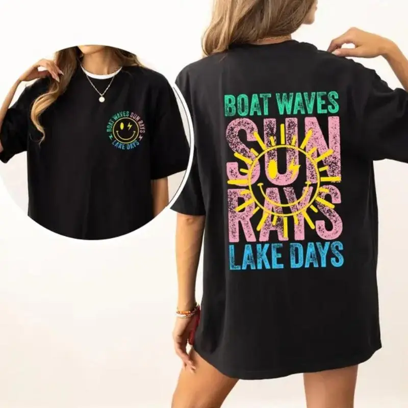 Men's Lake Life Graphic T-Shirt, Casual Short Sleeve Top with Retro Front and Back Prints, Soft Seamless Cotton, Round Neck, Tshirt, Shortsleeve, Plain, Graphics, Smooth, Front Print, Foldable, Fabric, Menswear, Lightweight, All Seasons