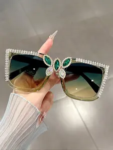 Personalized Square Multi-Color Fashion Glasses, Rhodium Stone Decorative Mirror Frame, Butterfly Shape Accessory for Parties and Gatherings, Trendy Vintage Sunglasses, Fashionable Sunglasses