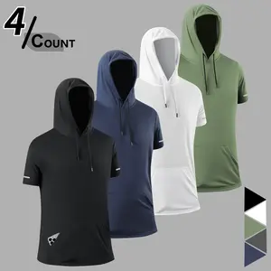 4-piece set, men's casual hooded T-shirt | Short-sleeved style, suitable for fitness, sports and casual wear | Fashionable summer top