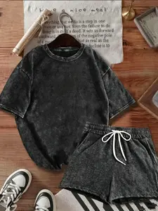 American Retro Snowflake Summer New Round Neck Casual Loose Washed Cotton T-Shirt Women + Tie Waist Elastic Wide Leg Shorts Set