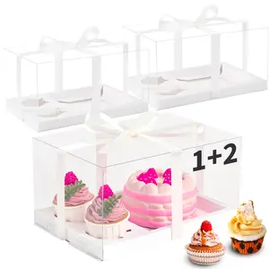 9 Pcs Cake Cupcake Combo Boxes 1+2 Cupcake Carriers 2 Holes Clear Plastic Bento Box for Cakes & Cupcakes Sturdy PET Material BPA-Free Easy Assembly Perfect for Weddings & Birthdays