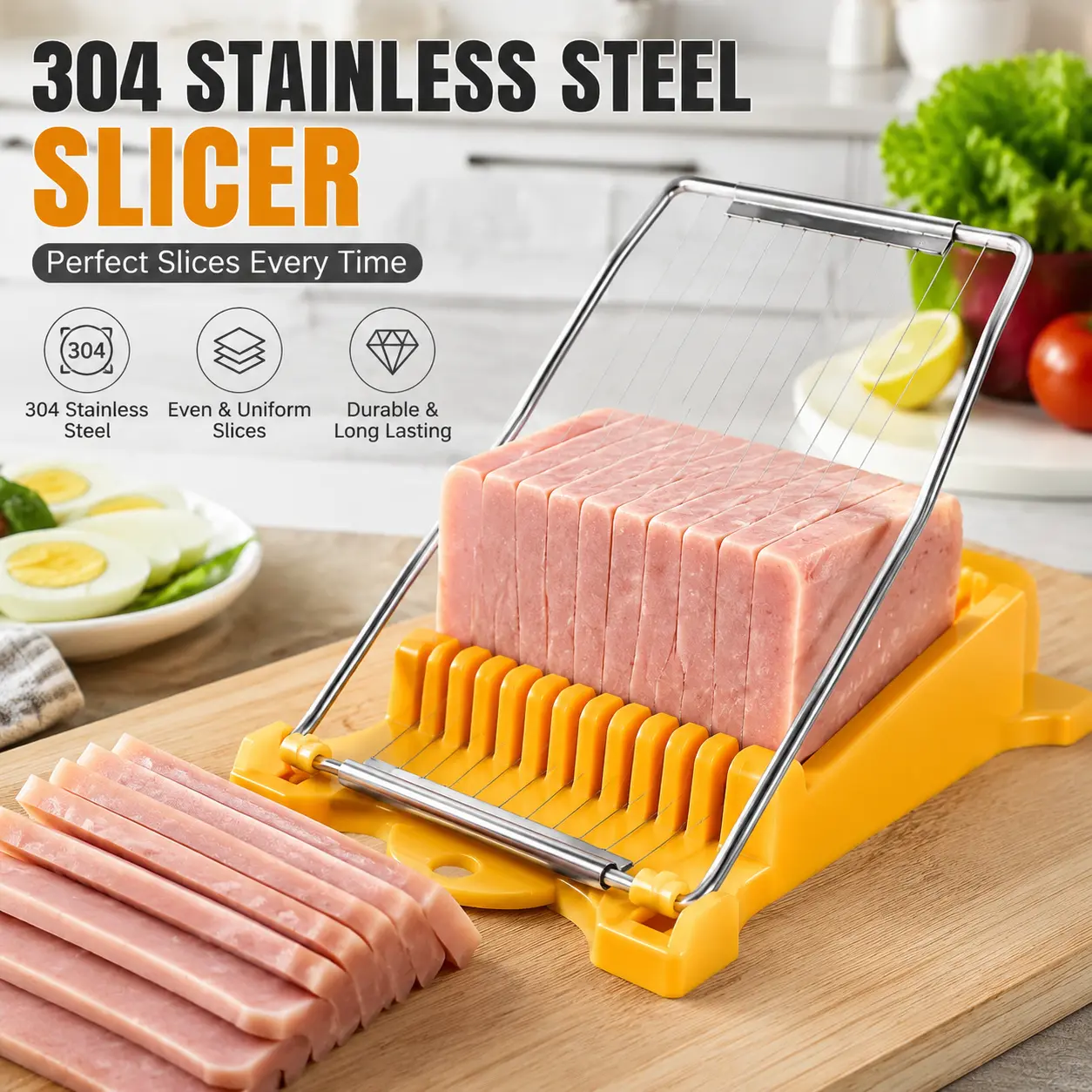Stainless Steel Lunch Meat Slicer, Food Slicer for Ham, Spam, Eggs & Cheese, Uniform Slice Kitchen Cutter with Non-Slip Base