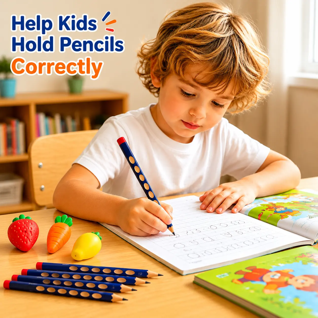 10 Pack Ergonomic Hole Pencils for Elementary Students - Back to School Haul Stationery Set, Posture Aid for Correct Grip, Helps Kids Hold Pencils Correctly, Includes 3 Cute Fruit Free Erasers, Help Kids Hold Pencils Correctly