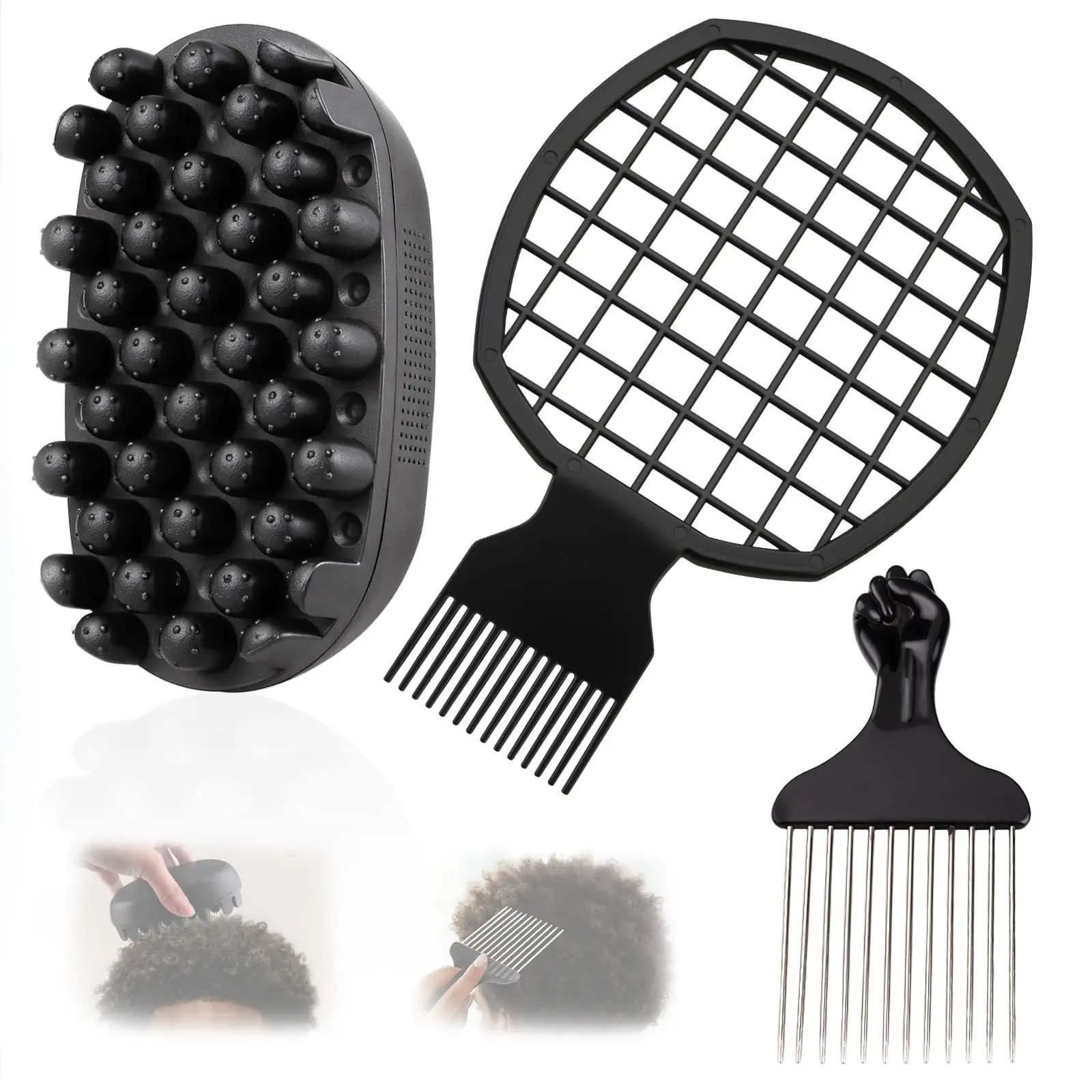 Men's 3Pcs Freeform Twists Hair Styling Kit - Silicone Curling Brush, Metal Afro Pick Comb, Durable Washable Curl Sponge - Gift for Black Men with Natural Hair, Dreadlocks, Coils