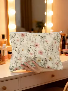 1pc, Compact and Stylish Vintage Floral Blossoms Design Corduroy Makeup Bag, Cosmetic Pouch, Makeup Organizer and Toiletry Storage Pouch, Lightweight and Durable