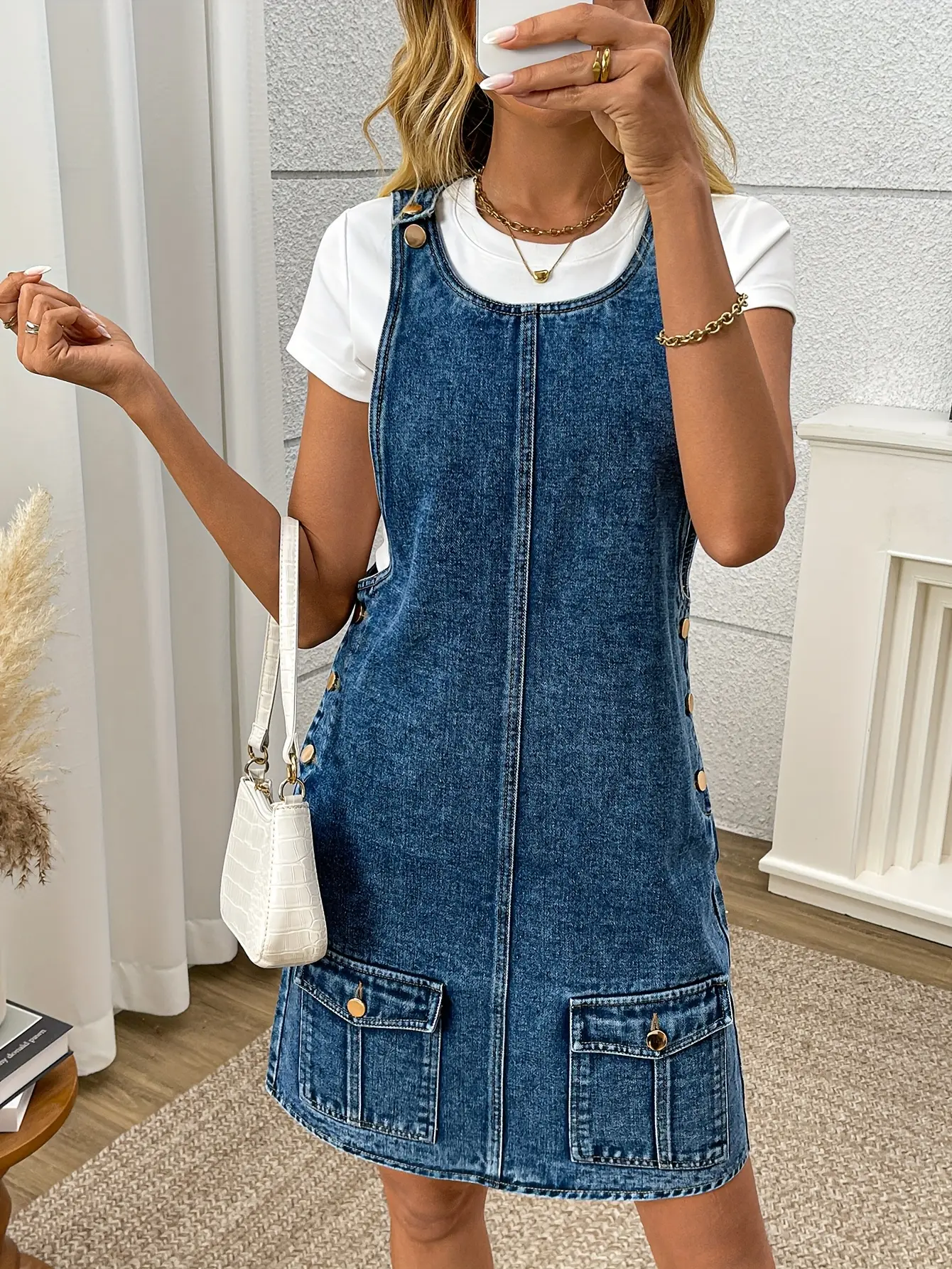 Women's Casual Denim Overalls Dress, Sleeveless Fashionable Washed Blue Denim Dress, Double Pocket Design at the Hem, Adjustable Shoulder Straps, Suitable for Spring, Summer and Autumn.