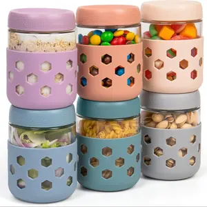 6-Pack Glass Mason Jars with Silicone Sleeves, Lidded Overnight Oatmeal Containers, Wide-Mouth Food Storage, Suitable for Storing Chia Seed Pudding, Yogurt, Snacks, Etc.Mason Jar.