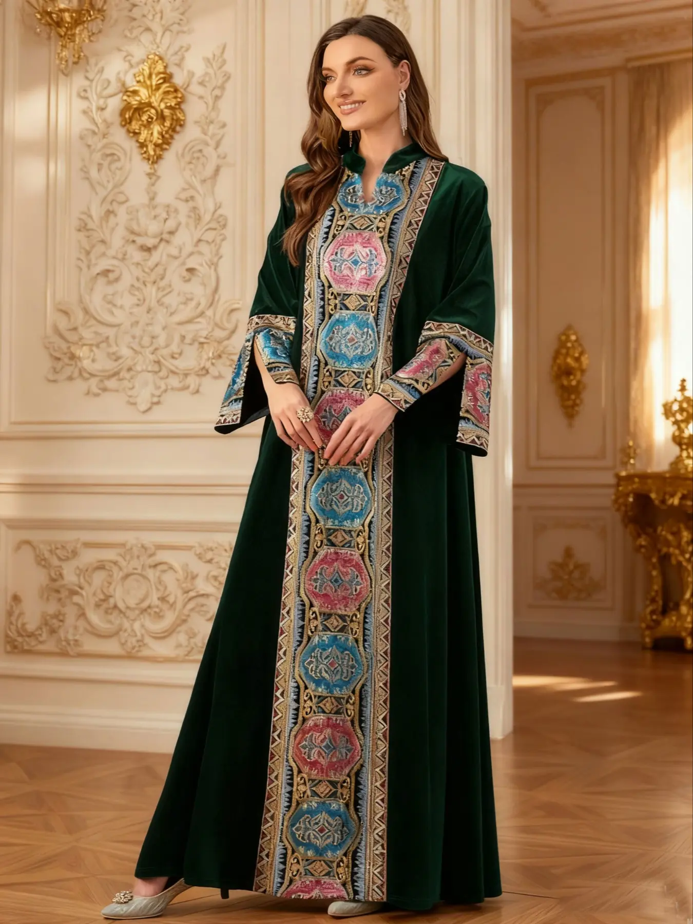 Women's Muslim Modesty Traditional Abaya Dress Long Sleeve Elegant Geometric Pattern, High-Quality Velvet Fabric for Fall & Winter, Loose-Fitting Islamic Clothing, Modest Muslim Outfits, Loose Abayas, Islamic Modesty Clothes