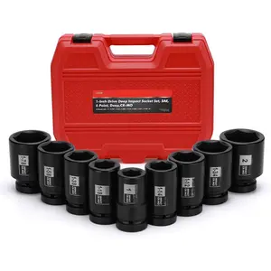 1-Inch Drive Spindle Axle Nut  Socket Set, Deep, 1" to 2", 9 count  Large Socket Set, 6-Point, SAE, CR-MO