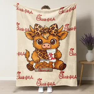 Chick-fil-A Leopard Print Highland Cow with Chicken Nuggets & Drink Pattern Blanket,Chick-fil-A Lover Blanket,Soft Warm Throw Blanket, Warm Nap Blanket for Home Office Travel Camping