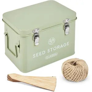 Seed Storage Box - Metal Seed Packet Organizer with Garden String and   Labels. Seed Container Storage delivering complete Seed Saving Organization for every Garden Lover.