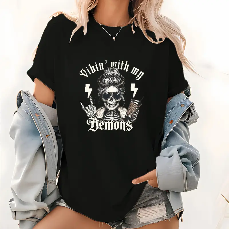 With My Demons Skeleton Tee – Gothic Demon Shirt Featuring Dark Humor Proverbs Prints Style