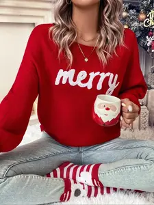 WOMEN'S RED PULLOVER SWEATER, CHRISTMAS FALL/WINTER 2024 OUTFIT, ROUND NECK CASUAL CUTE PULLOVER SWEATER FOR WOMEN, SUITABLE FOR DAILY OUTINGS, PARTIES,  LADIES CHRISTMAS AUTUMN-WINTER CLOTHES