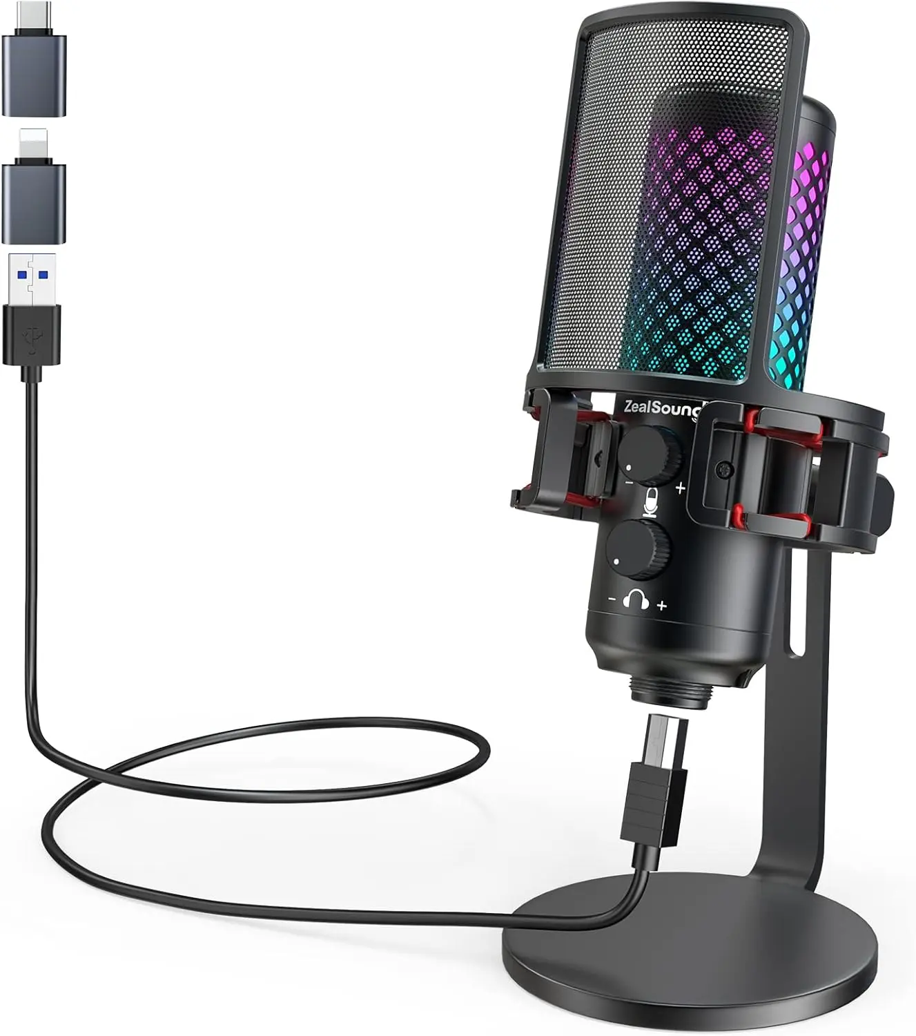 ZealSound Wired RGB USB Microphone - Full Metal Body, Mute Function, Pop Filter, Gain & Volume Control, Compact Casual Audio Device for Mobile, Smartphone, PC, PS5 Podcasting