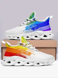 Men's Fashionable Rainbow Stripes & Letters Pattern Lace Up Low Top Sneakers, Versatile Running Casual Breathable Lightweight Comfortable Sports Running Shoes for Daily Wear