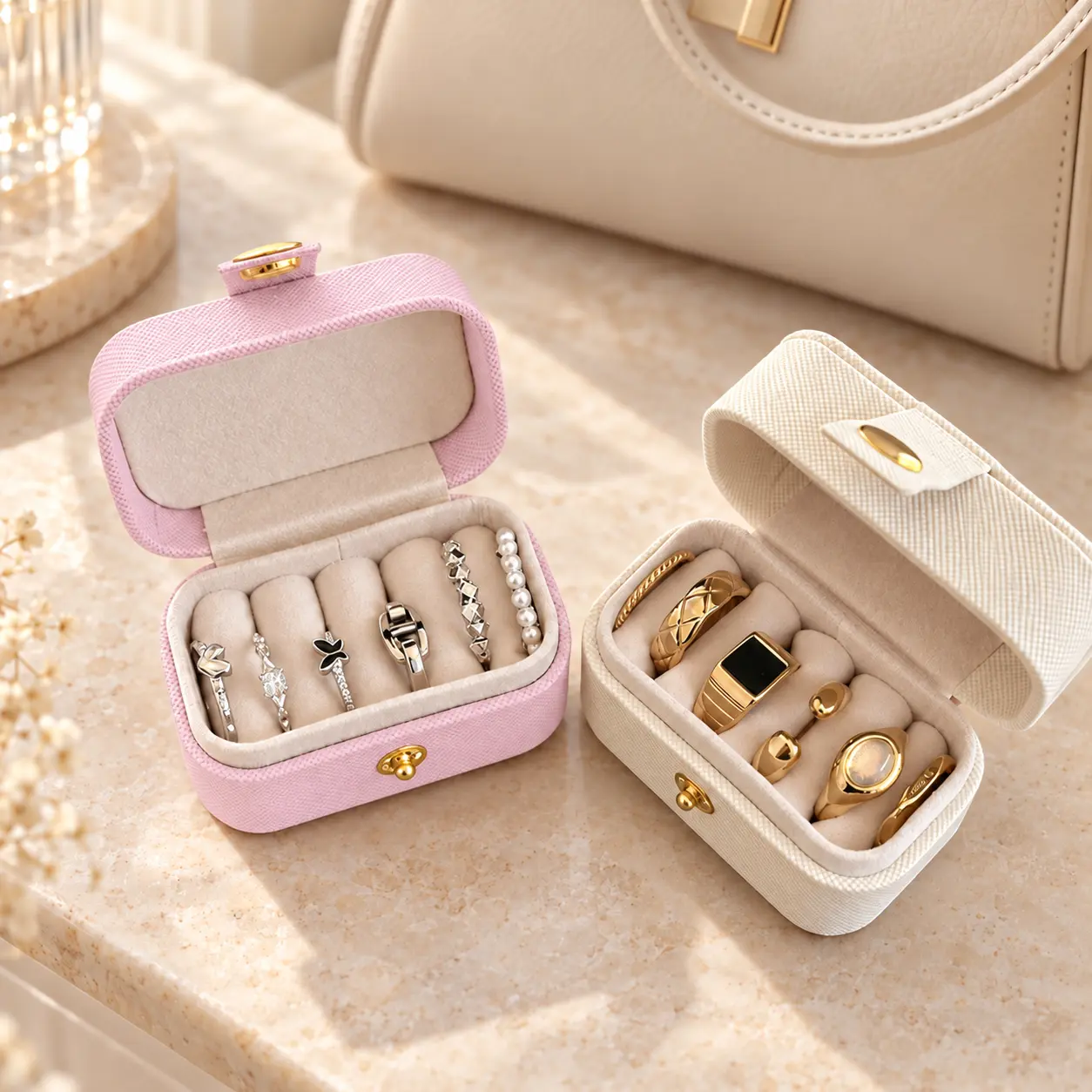 1-PACK, Mini Jewelry Box for Women, Portable Travel Jewelry Organizer with Soft Velvet Lining, Secure Snap Closure, Ring & Earring Storage Case, Textured PU Leather, Compact Gift Box, Pink or White