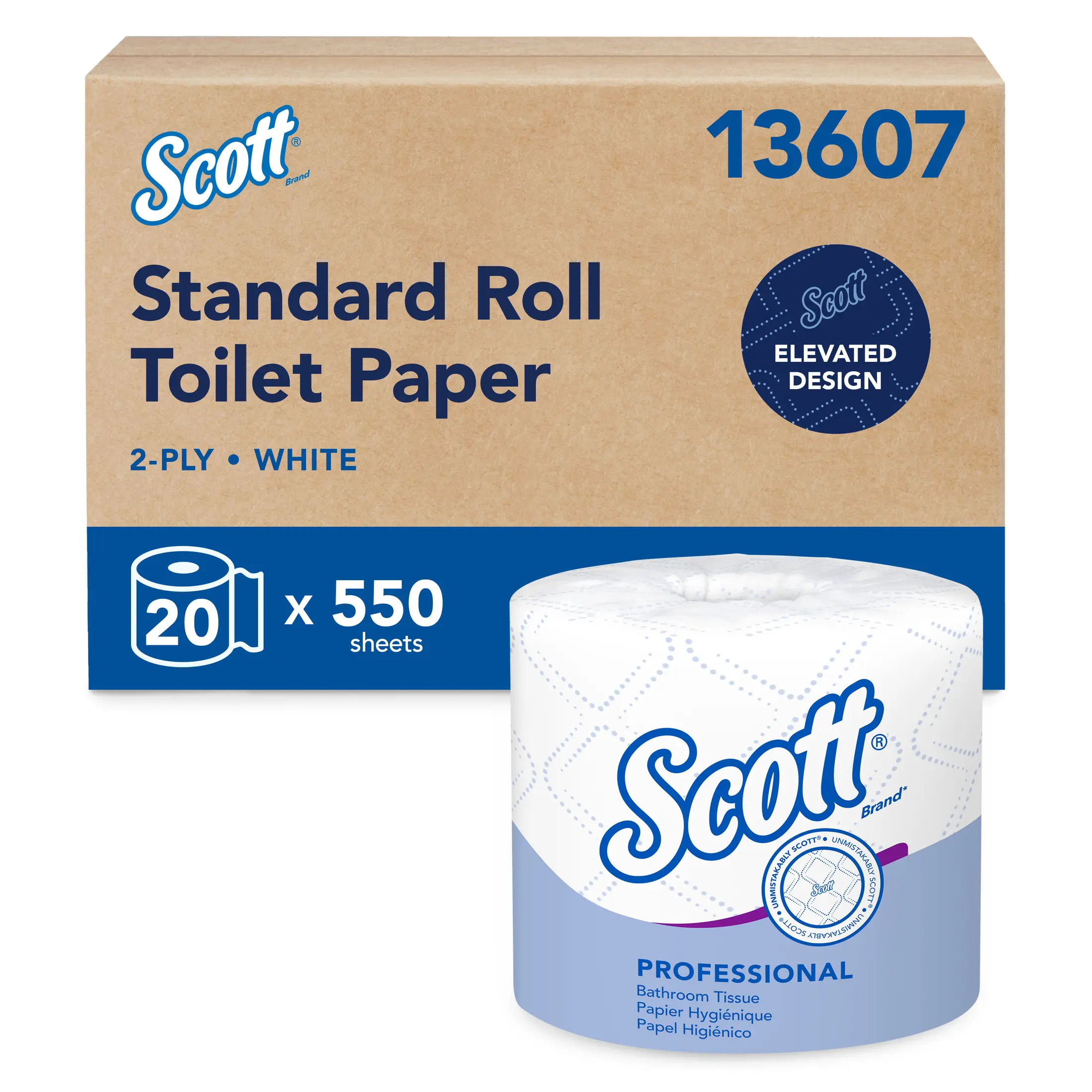 Scott Professional 13607 2-Ply Standard FSC Certified Absorbent White Toilet Paper Tissue, Bulk 20 Rolls (550 Sheets Each), Eco-Friendly Bath Tissue for Businesses, Space-Saving Office Restroom Storage, Budget-Conscious