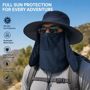 Wide Brim Outdoor UV Protection Sun Hat with Face-Neck Flap, Quick-Dry Breathable Mesh Cap for Fishing, Hiking
