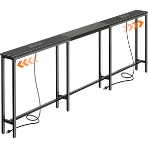 Narrow sofa table, with 2 power outlets, adjustable length range from 86.6 to 110.2inch, sofa back table equipped with USB-C port, long hallway console table, comes with anti-tip kit, suitable for living room, black