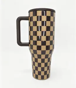 HydroJug 40oz Traveler Tumbler Brown Checkered Insulated Stainless Steel Travel Coffee Mug Leak Proof Keeps Drinks Cold 24H BPA Free Drinkware Flasks Lid Portable  Water  Bottled european bottles day gift